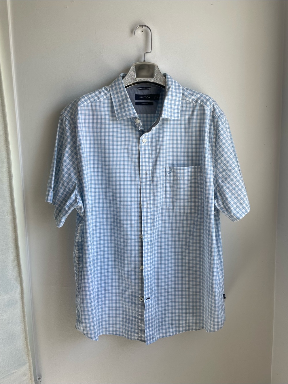 Nautica Men’s Light Blue Gingham Short Sleeve Button-Up Shirt-Like New-XL
